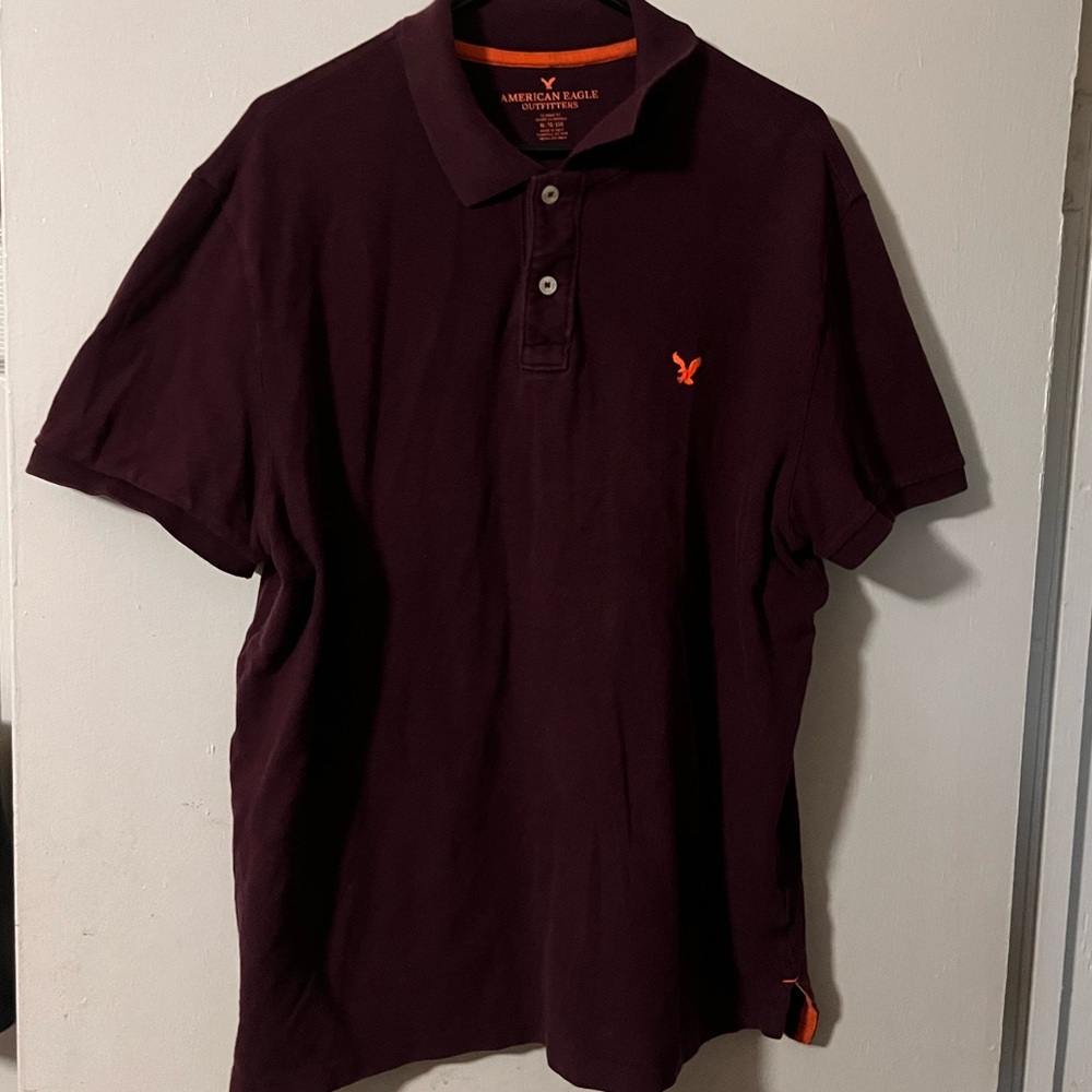 American Eagle Outfitters Men’s Burgundy Polo with Orange Logo